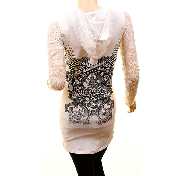 Gothic Angel Wing Fitted Lace Studded Hoodie Top - Picture 4 of 7